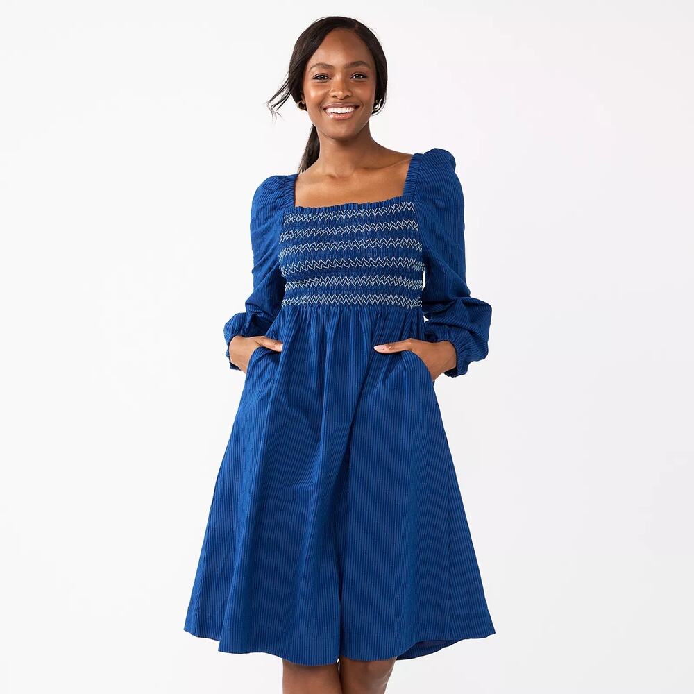 Draper James RSVP Puff Long Sleeve Smocked Bodice Dress Knee Length Blue EUC S